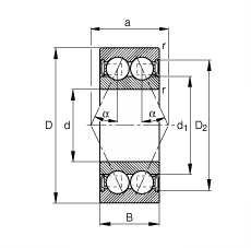 角接觸球軸承 3807-B-2RSR-TVH, 雙列，雙側(cè)唇密封，接觸角 α = 25°