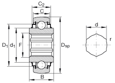 外球面球軸承 SK104-207-KRR-B-AH12, 球面外圈，內(nèi)圈帶六角形孔，兩側(cè) R 型密封