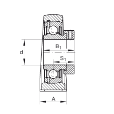 直立式軸承座單元 PAK45, 鑄鐵軸承座，外球面球軸承，根據(jù) ABMA 15 - 1991, ABMA 14 - 1991, ISO3228 帶有偏心緊定環(huán)